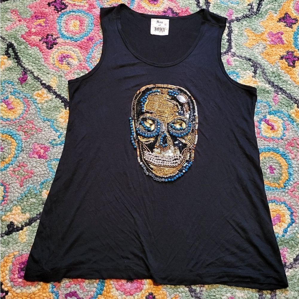 Son Of John Beaded Sequin Embellished Skull Tanp Top Black XS